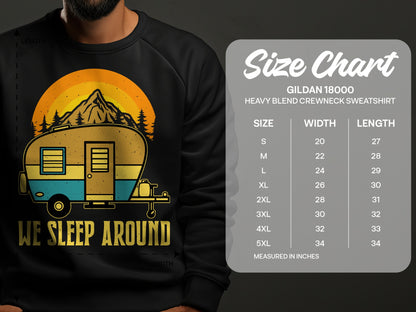 Gildan 18000 sweatshirt size chart with "We Sleep Around" graphic.