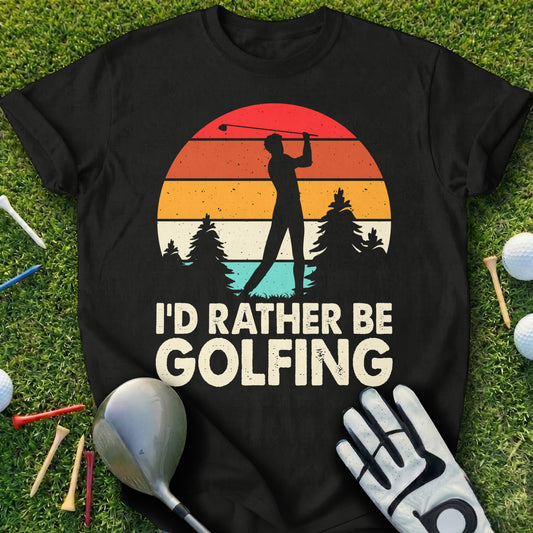 Black t-shirt with "I'd Rather Be Golfing" text and a sunset golf scene.