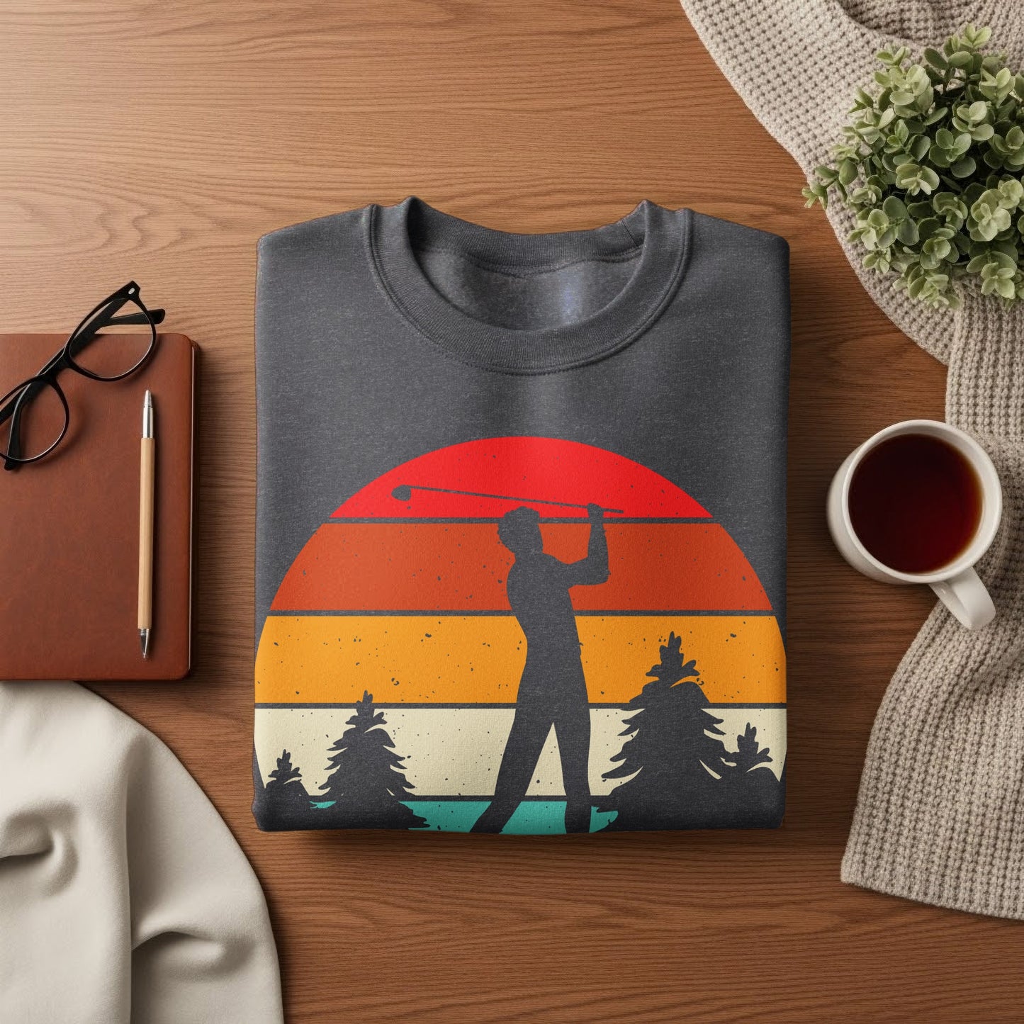 Dark gray sweatshirt with vintage sunset golf graphic.