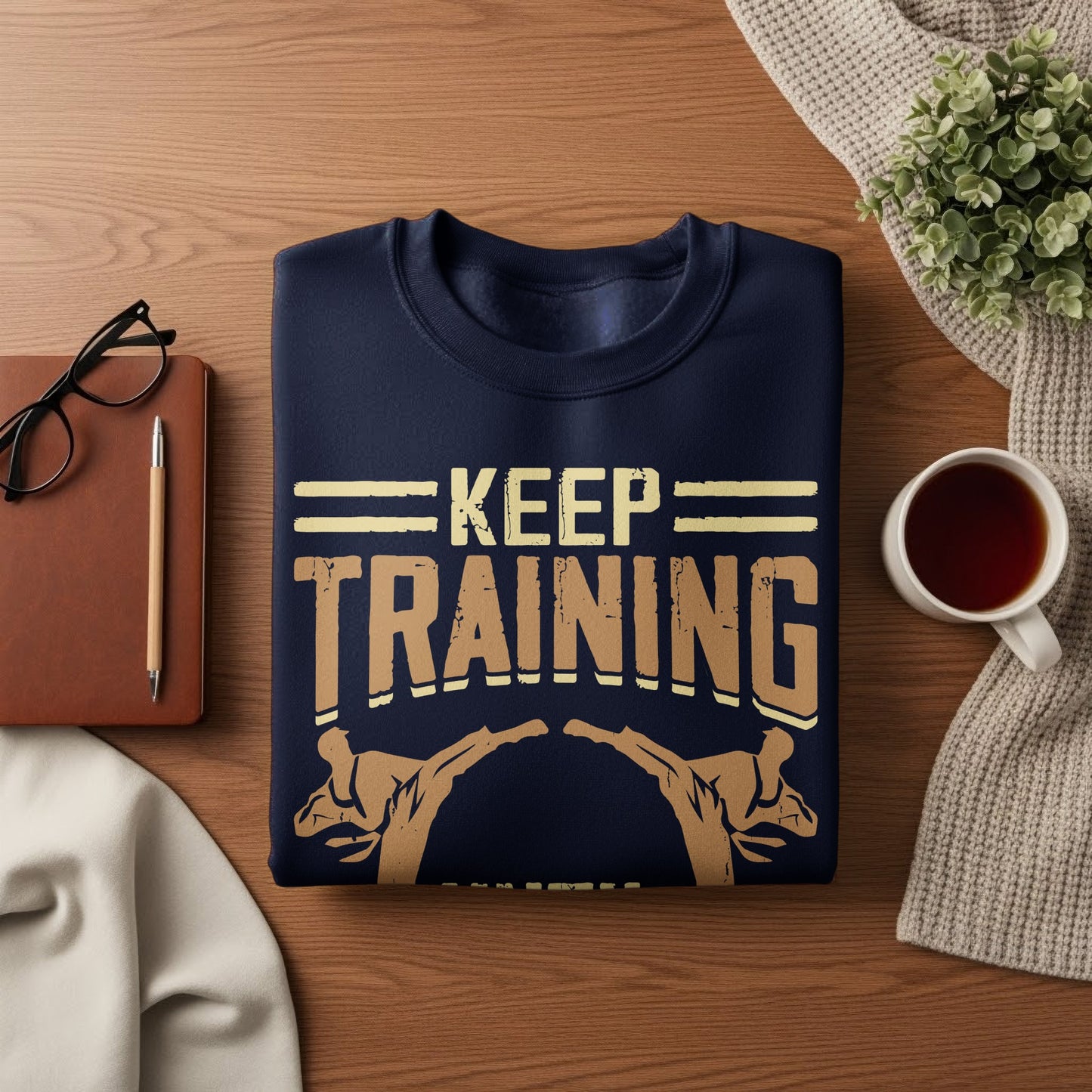 Navy sweatshirt with "KEEP TRAINING" and karate graphic.