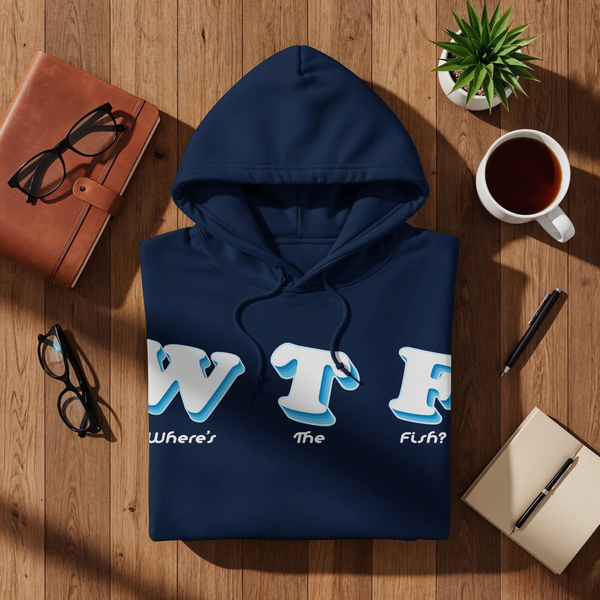 Navy blue hoodie with "Where's The Fish?" text design.