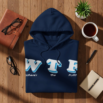 Navy blue hoodie with "Where's The Fish?" text design.