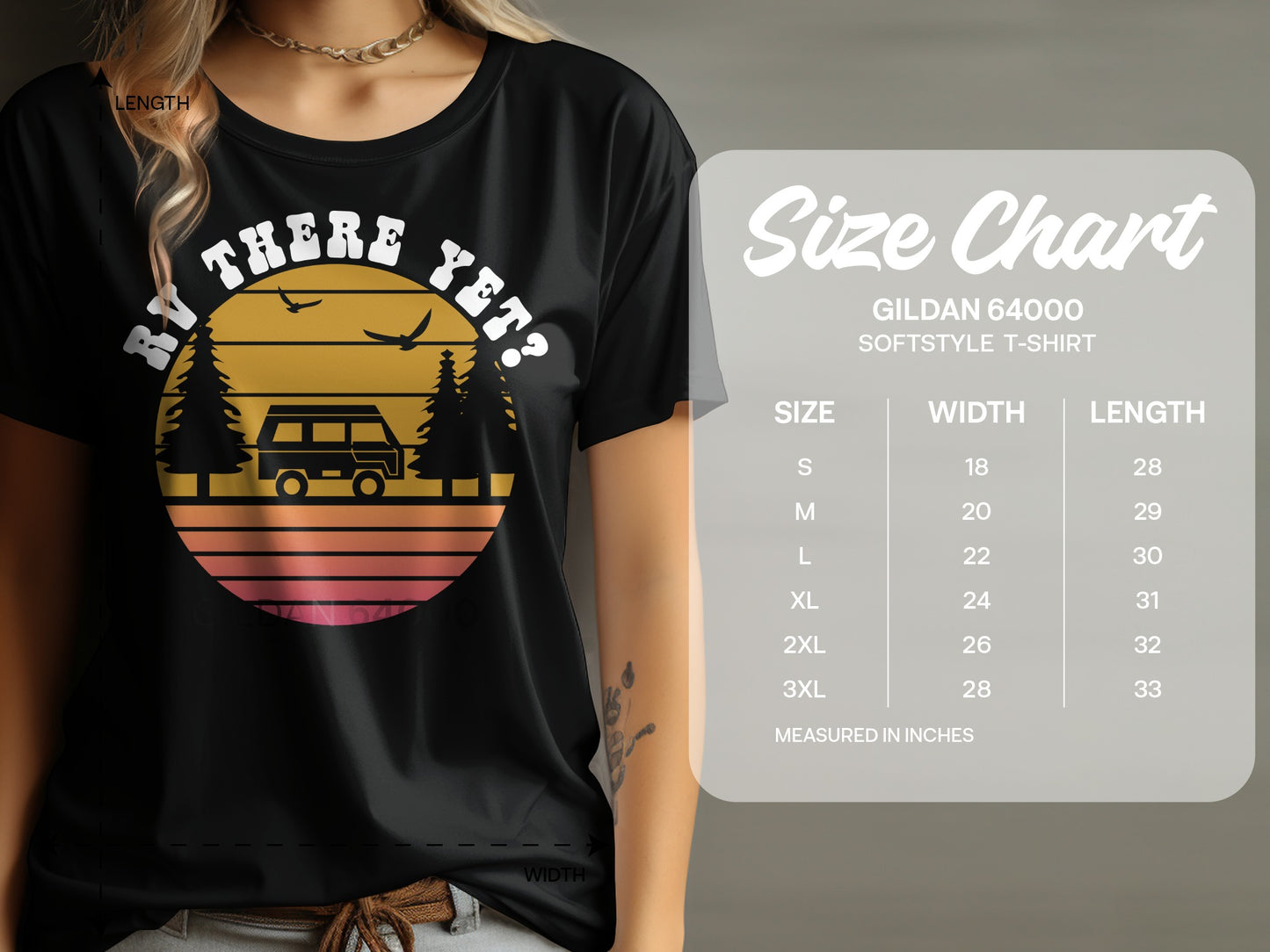 T-shirt with "HI THERE YET?" text, retro van, and trees graphic.