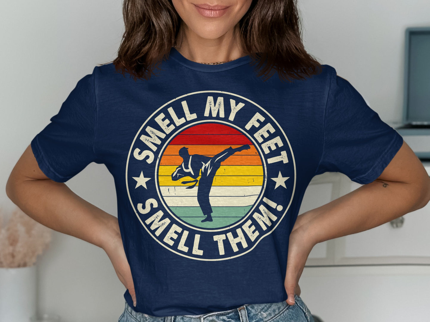 Navy t-shirt with vintage sunset graphic and text "Smell My Feet! Smell Them!"