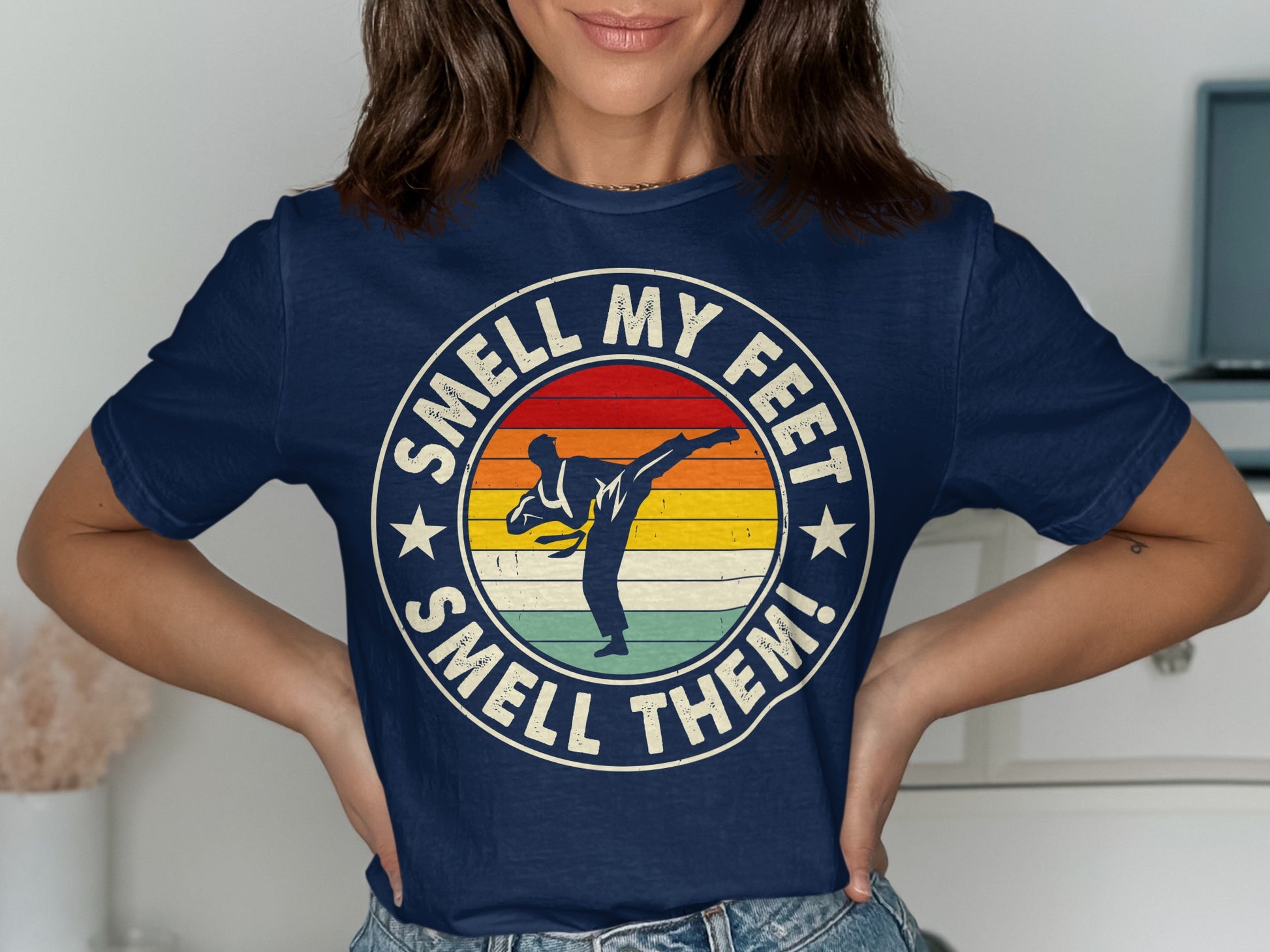 Navy t-shirt with vintage sunset graphic and text "Smell My Feet! Smell Them!"