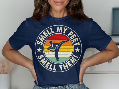 Navy t-shirt with vintage sunset graphic and text "Smell My Feet! Smell Them!"