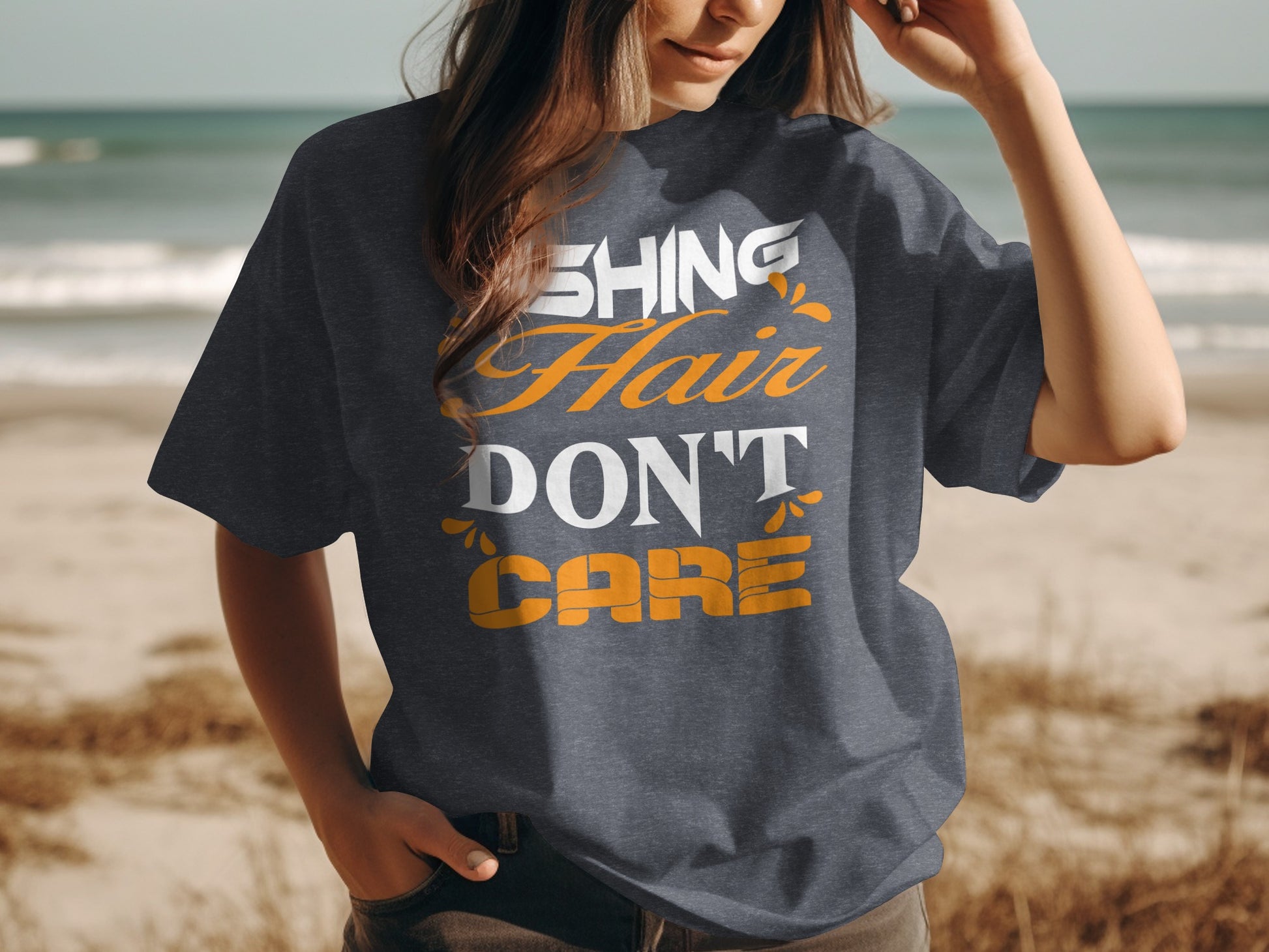 Dark grey t-shirt with "Fishing Hair Don't Care" slogan.