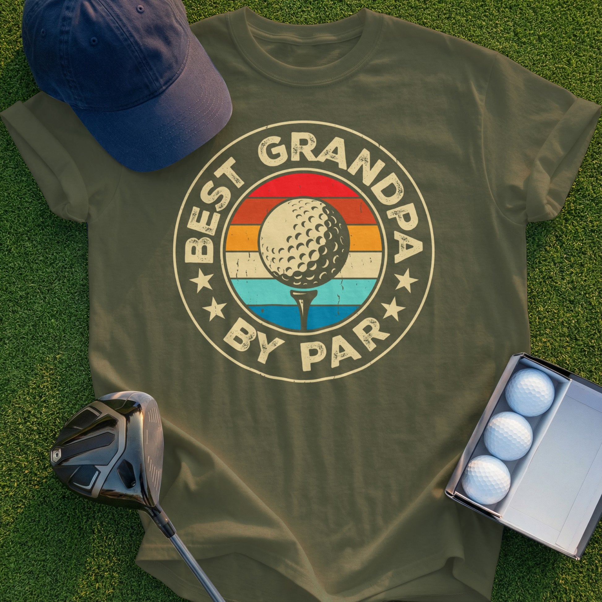 Olive t-shirt with "BEST GRANDPA BY PAR" text and a golf ball graphic.