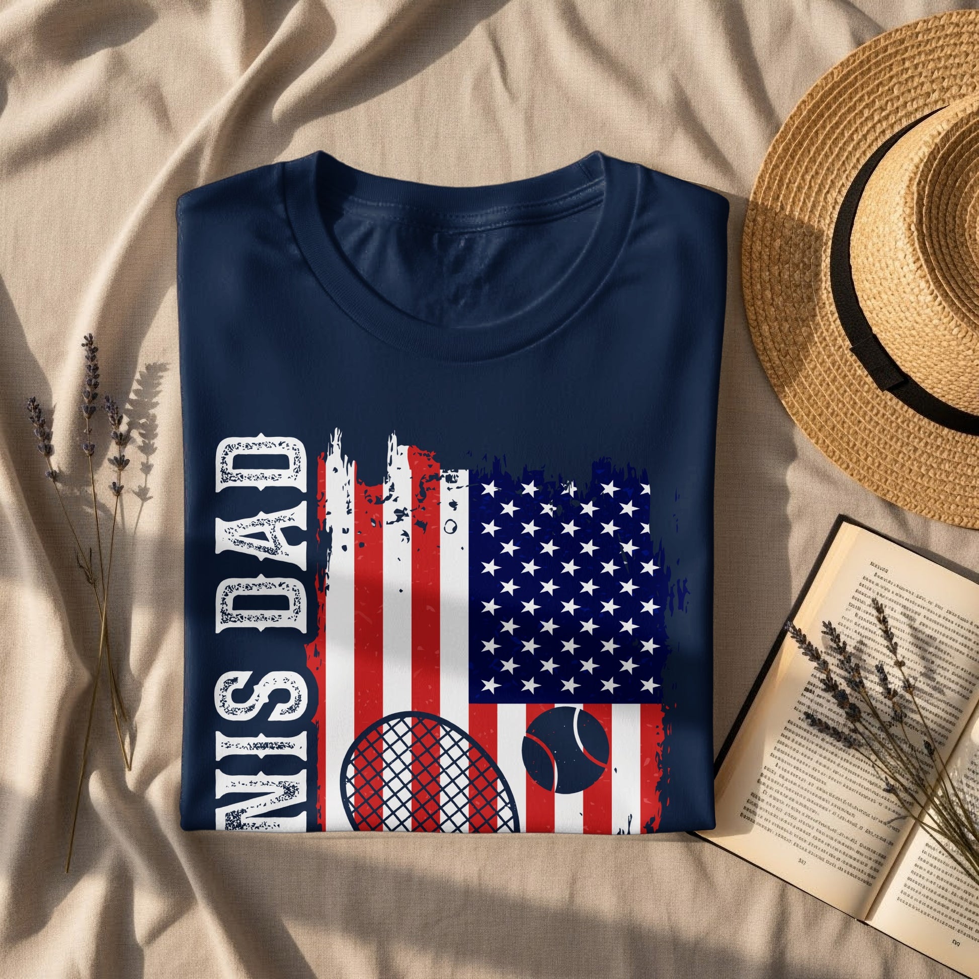 Navy t-shirt with "US DAD" text and American flag, tennis racket, and ball graphic.