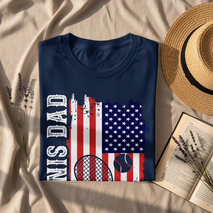 Navy t-shirt with "US DAD" text and American flag, tennis racket, and ball graphic.