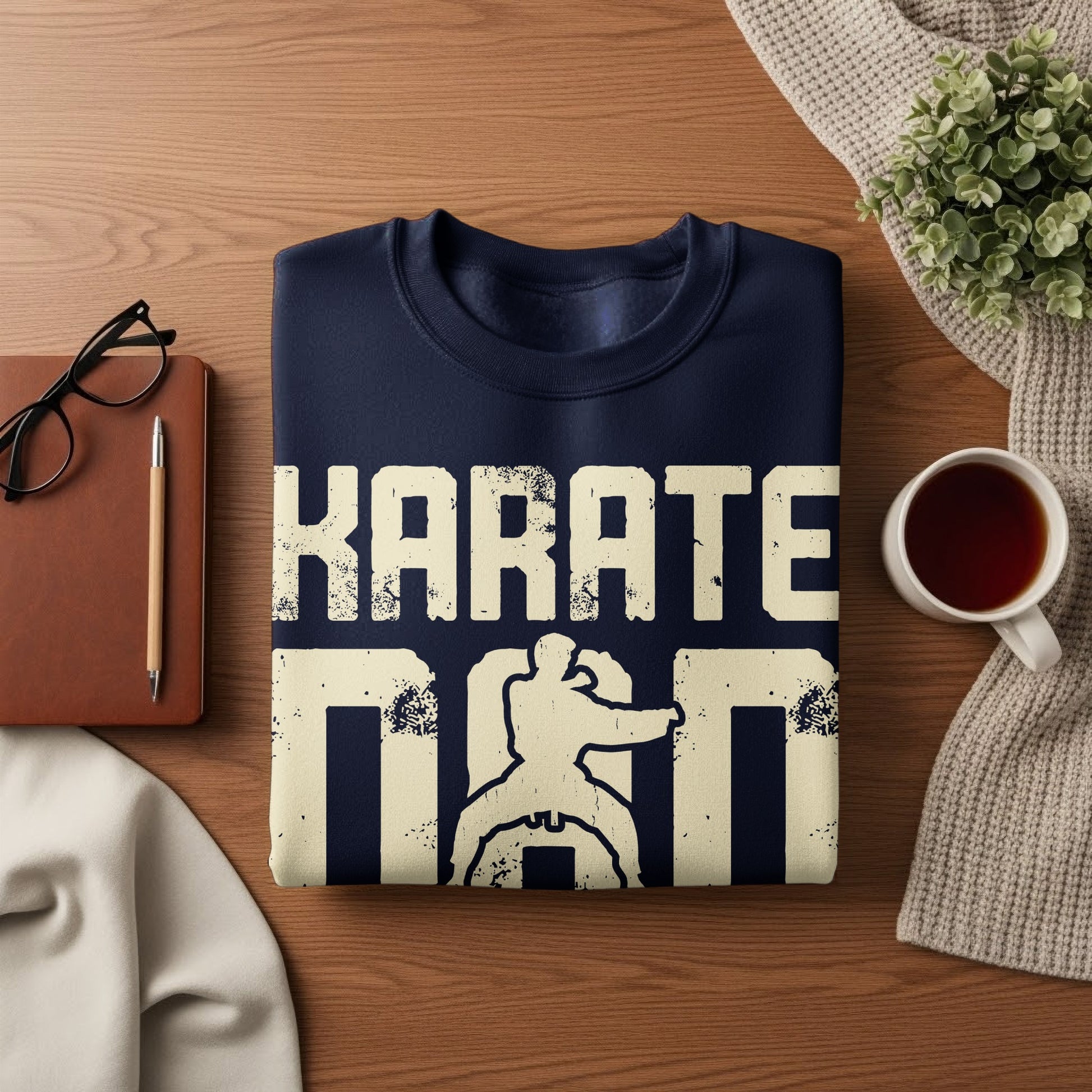 Navy sweatshirt with "Karate Dad" text and graphic of a karate stance.