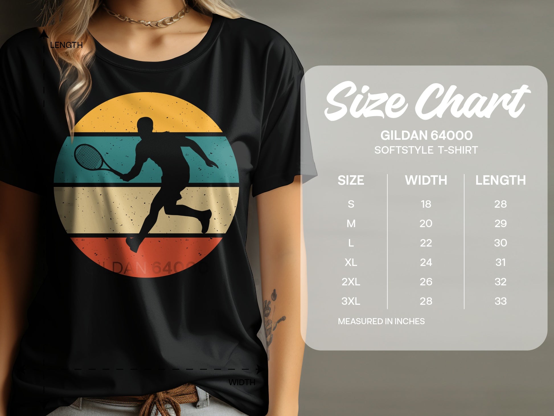 Gildan 64000 softstyle t-shirt size chart with measurements.