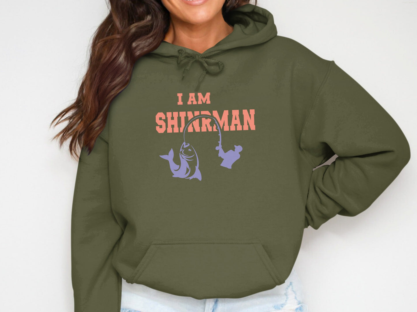 Green hoodie with "I AM FISHERMAN" text and fish graphic.