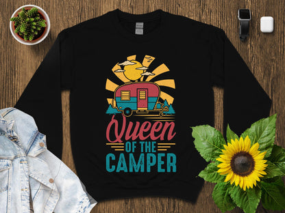 Black sweatshirt with "Queen of the Camper" design featuring a retro camper and sun.