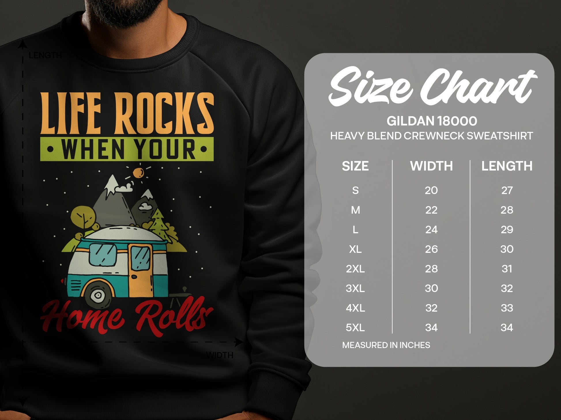 Crewneck sweatshirt size chart with dimensions for Gildan 18000 Heavy Blend.