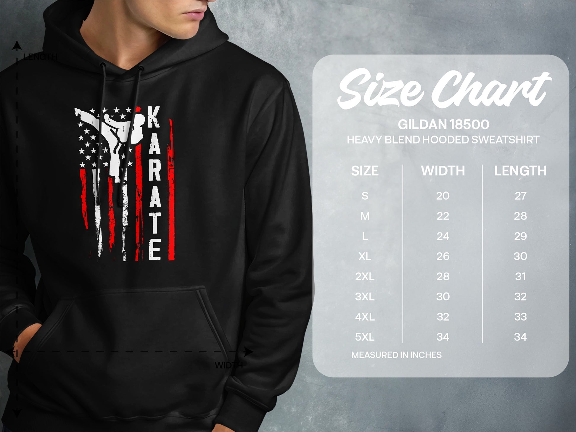 Karate distressed flag graphic on Gildan 18500 hooded sweatshirt with size chart.