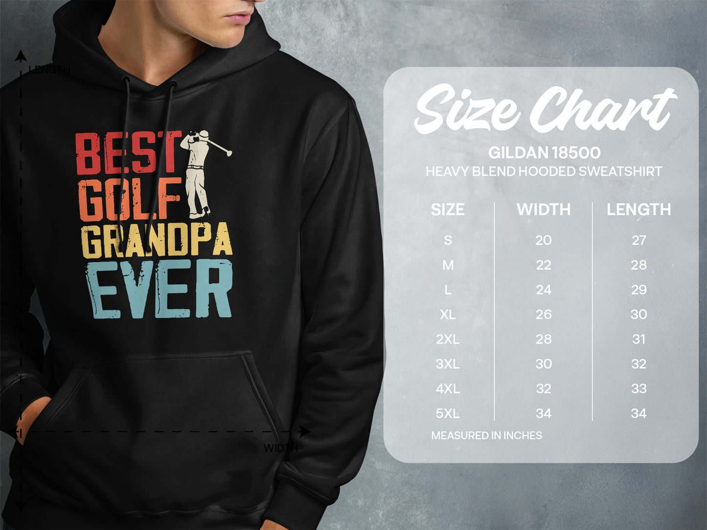 "BEST GOLF GRANDPA EVER" text on a hooded sweatshirt with a size chart.