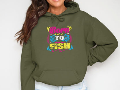 Olive green hoodie with "Born to Fish" graphic featuring fish and waves.