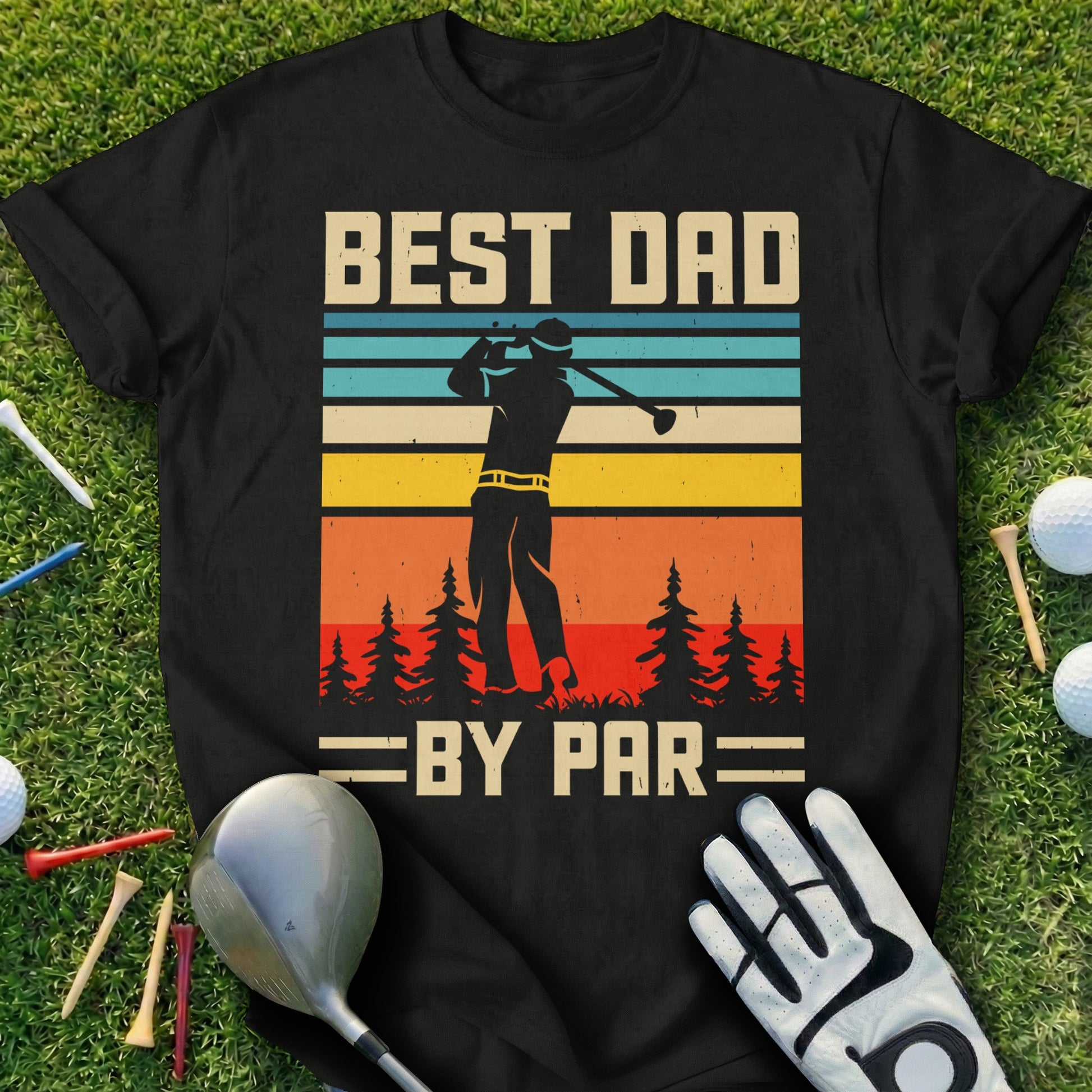 Black t-shirt with "BEST DAD BY PAR" and a golfer graphic.