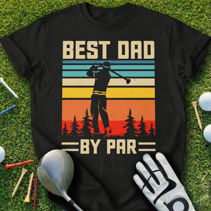 Black t-shirt with "BEST DAD BY PAR" and a golfer graphic.