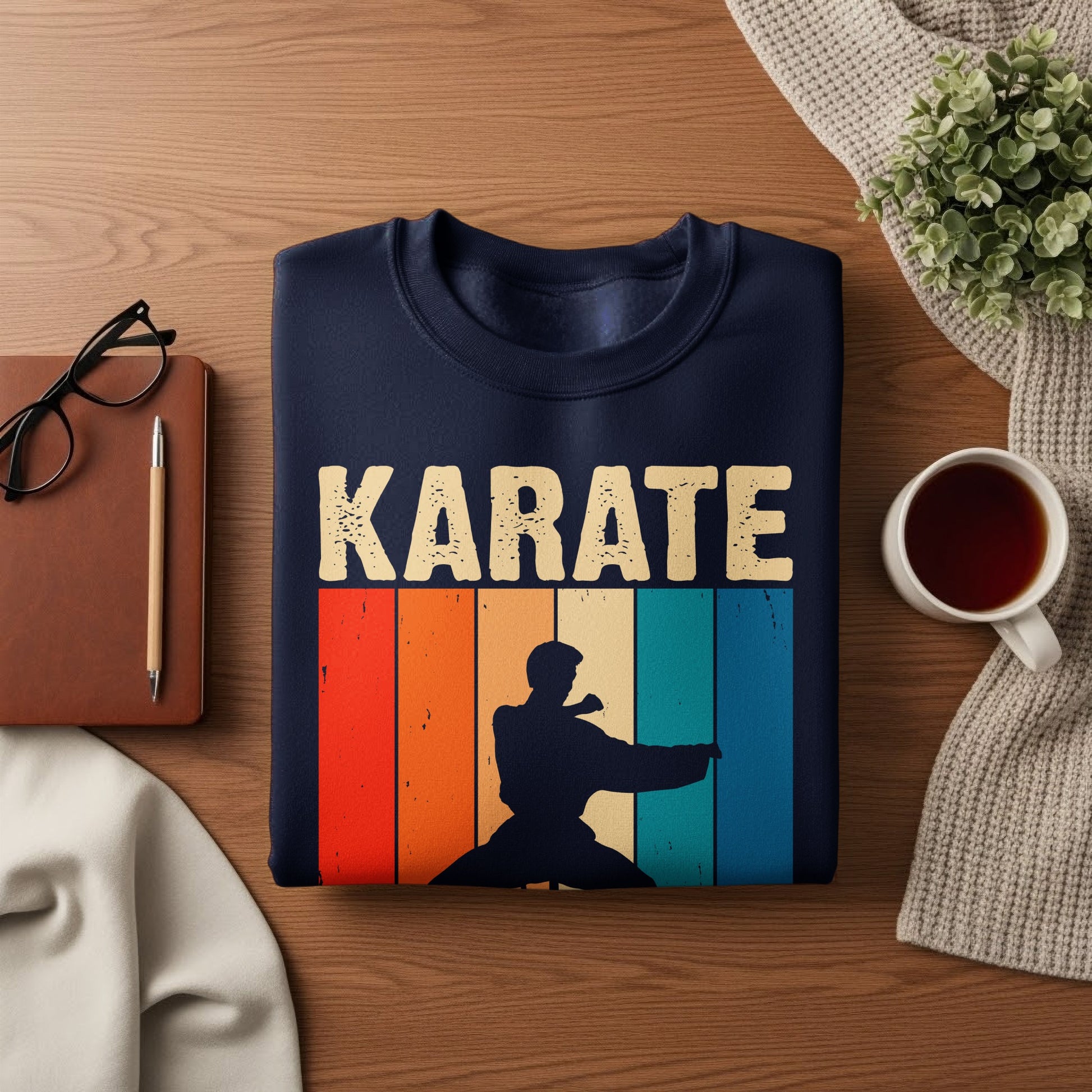 Navy sweatshirt with "KARATE" text and a silhouette of a martial artist.