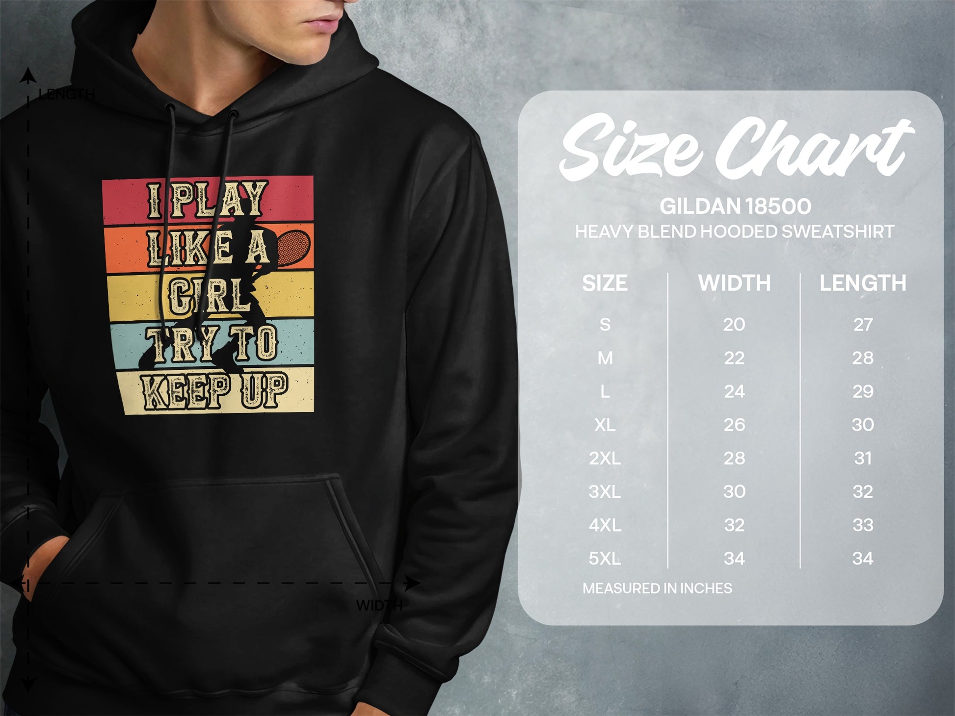 Hoodie with "I play like a girl, try to keep up" text and size chart.