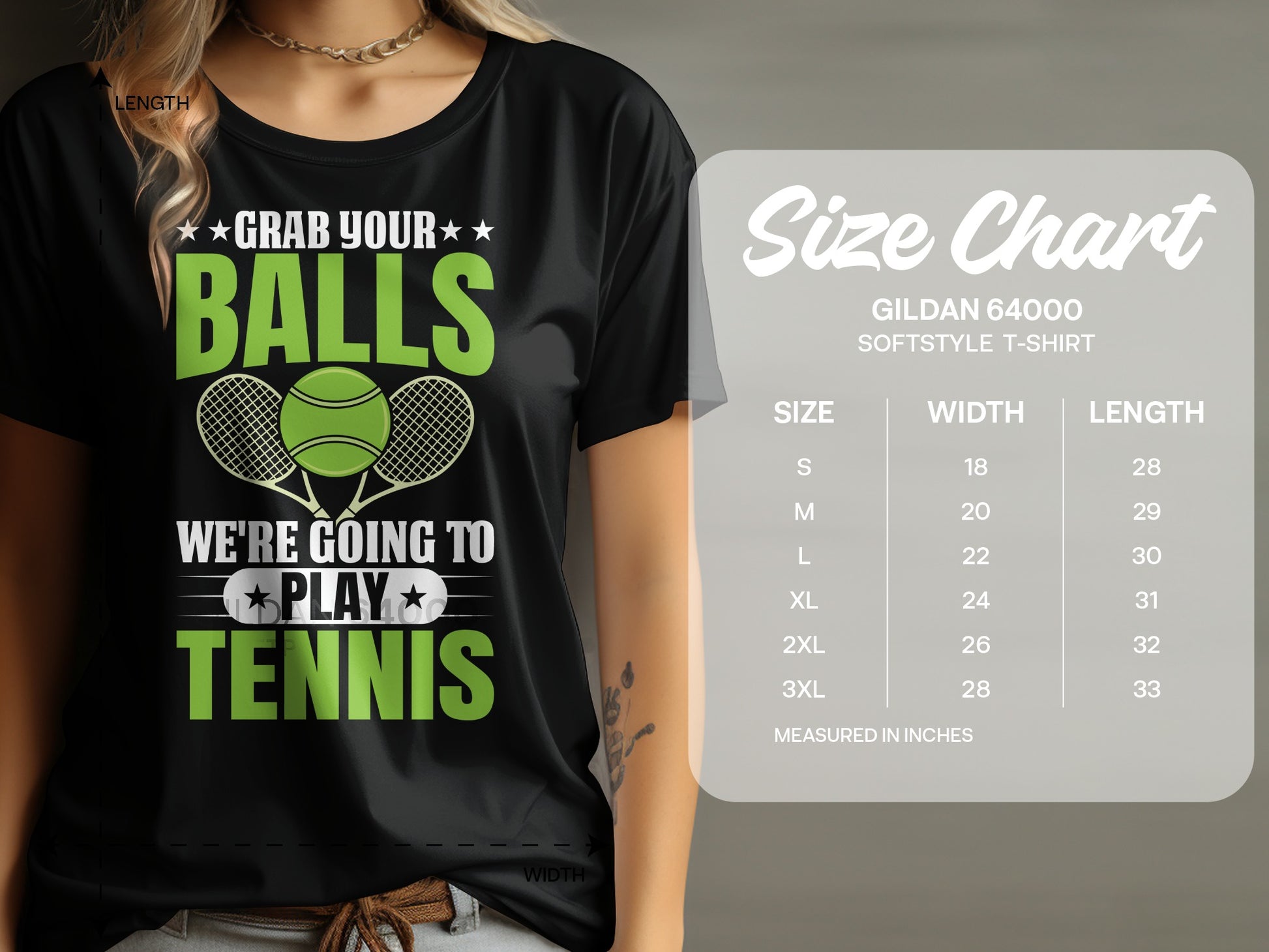 Black t-shirt with "Grab Your Balls We're Going to Play Tennis" and size chart.