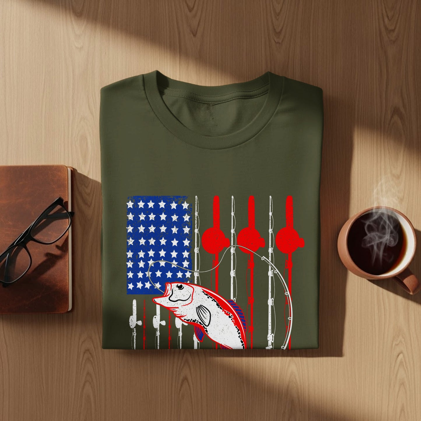 Green t-shirt with American flag design featuring a bass and fishing rods.