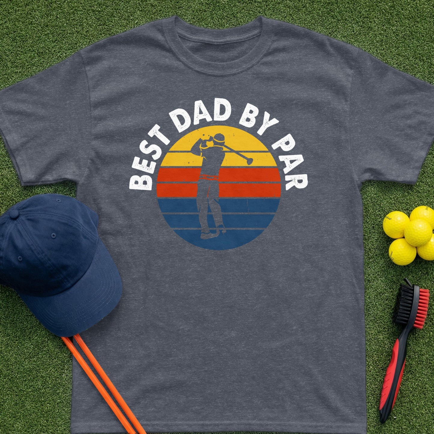 Dark grey t-shirt with "BEST DAD BY PAR" text and golfer graphic.