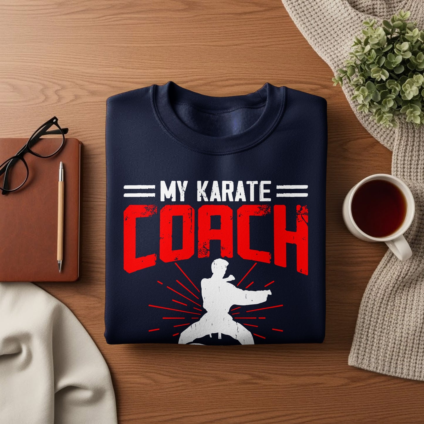 Navy sweatshirt with white text "MY KARATE COACH" and a karate silhouette.