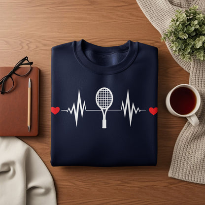 Navy sweatshirt with a white tennis racket heartbeat graphic.