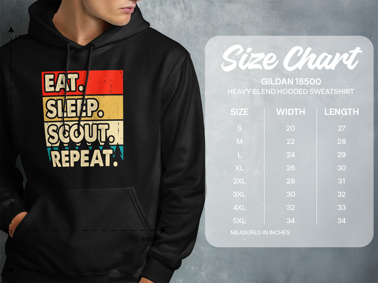 Hoodie with "Eat, Sleep, Scout, Repeat" text and size chart.