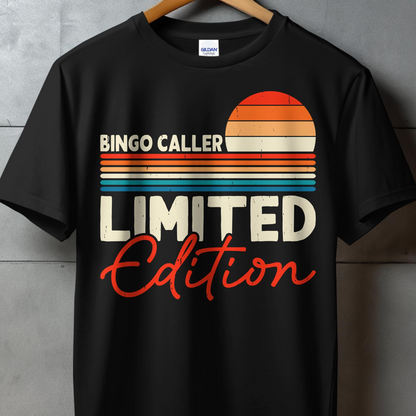 Black t-shirt with "Bingo Caller Limited Edition" text and sunset graphic.