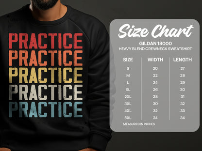 Gildan 18000 sweatshirt size chart with "PRACTICE" repeated.