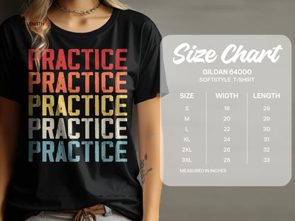 Woman wearing a black t-shirt with "PRACTICE" repeated in colorful text; size chart.