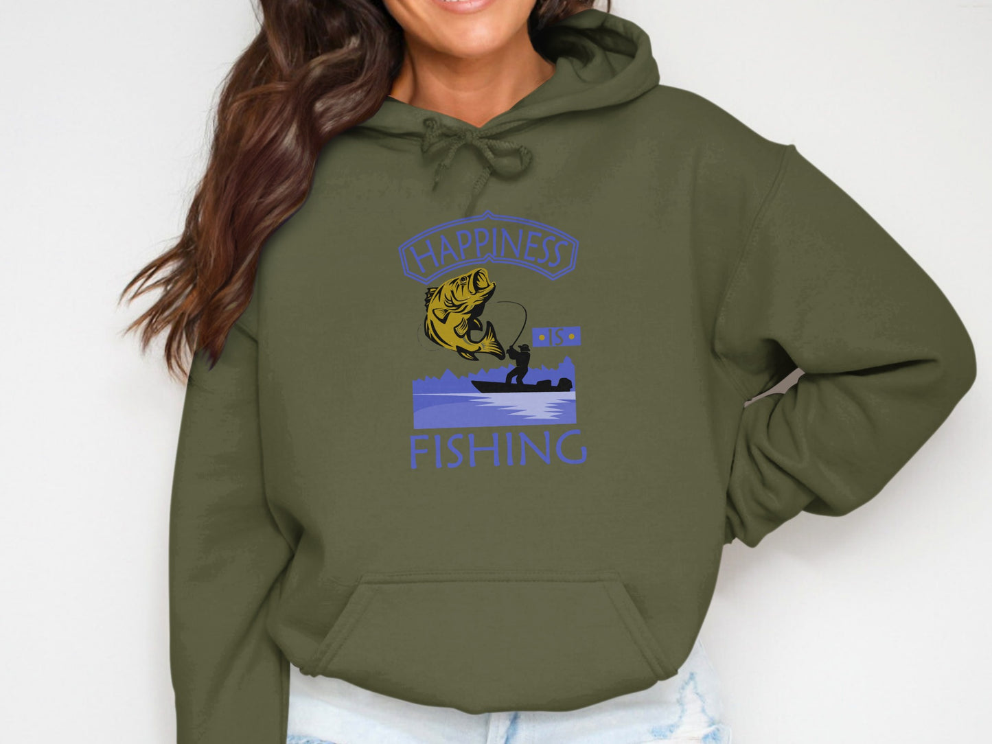 Green hoodie with "Happiness Fishing" text and fishing graphic.