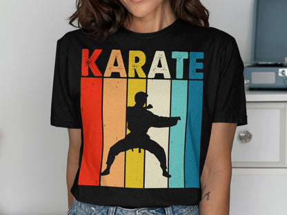 Black t-shirt with colorful stripes and a karate silhouette.