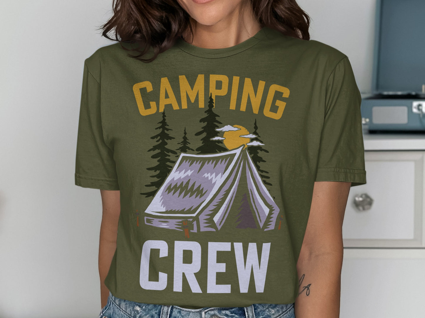 Olive green t-shirt with "CAMPING CREW" text and tent illustration.