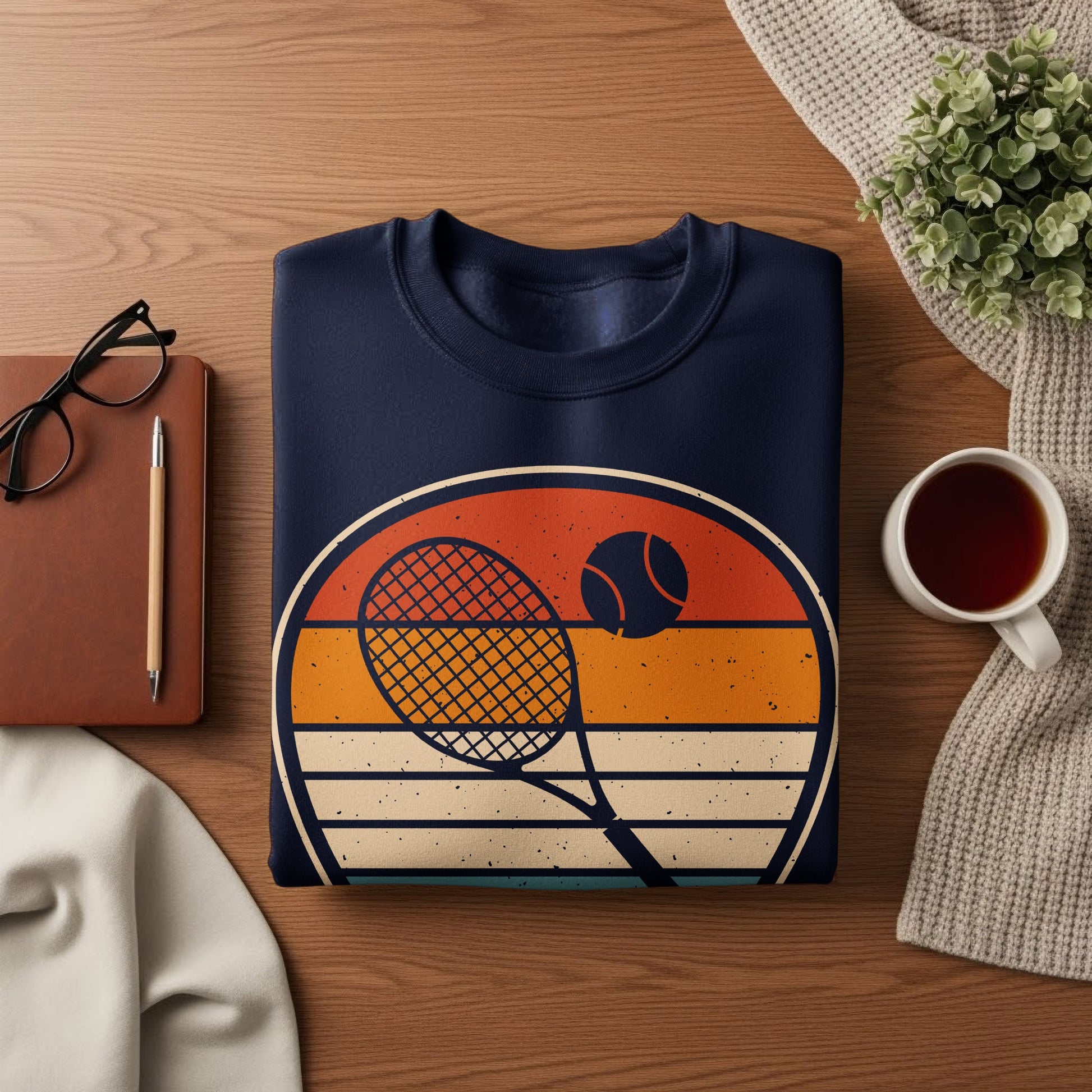 Navy sweatshirt with retro tennis graphic and stripes.