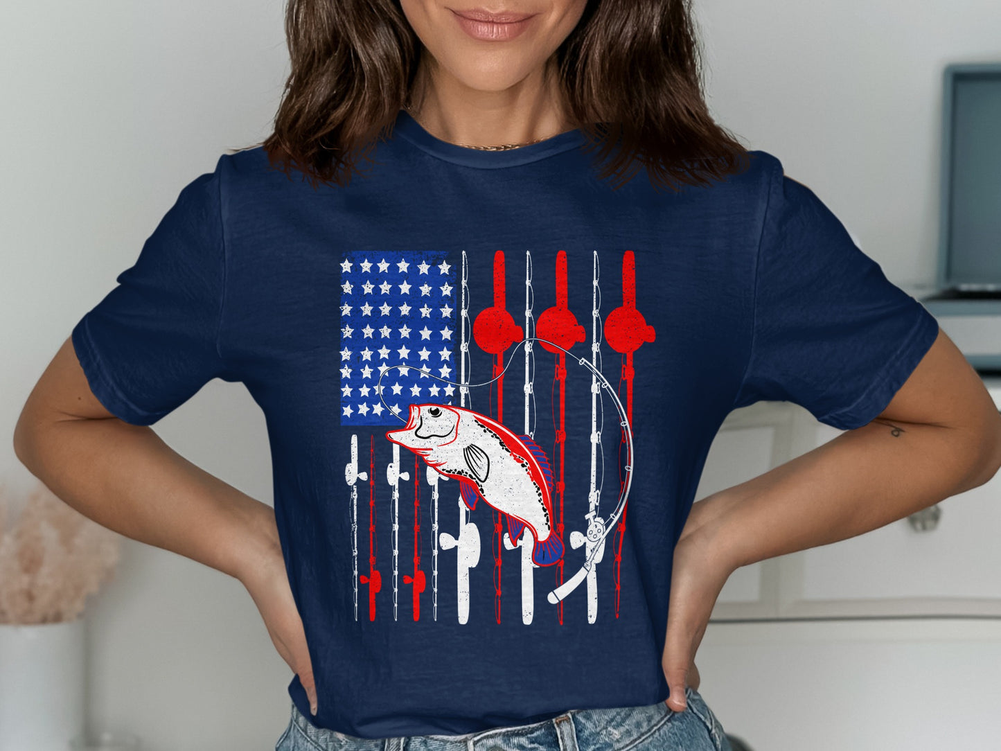 Navy t-shirt with American flag design and fishing rod graphics.