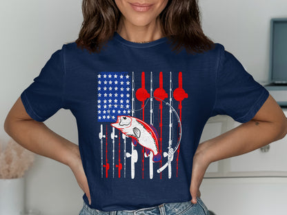 Navy t-shirt with American flag design and fishing rod graphics.