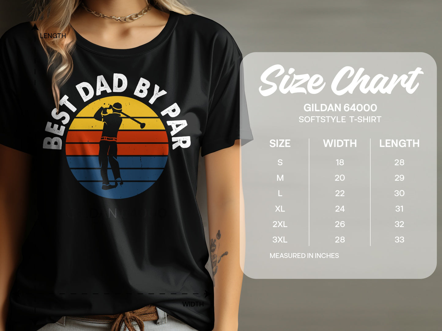 Golfing dad graphic on black t-shirt with size chart.