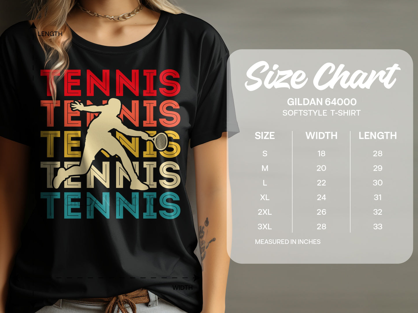 Woman wearing black t-shirt with "TENNIS" repeated in colorful text and a size chart.