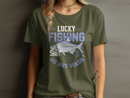 Olive green t-shirt with "Lucky Fishing Shirt" and fish graphic.
