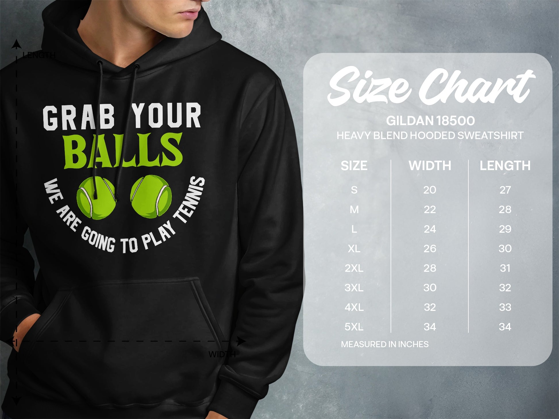Black hoodie with text "Grab Your Balls" and tennis balls, size chart on right.