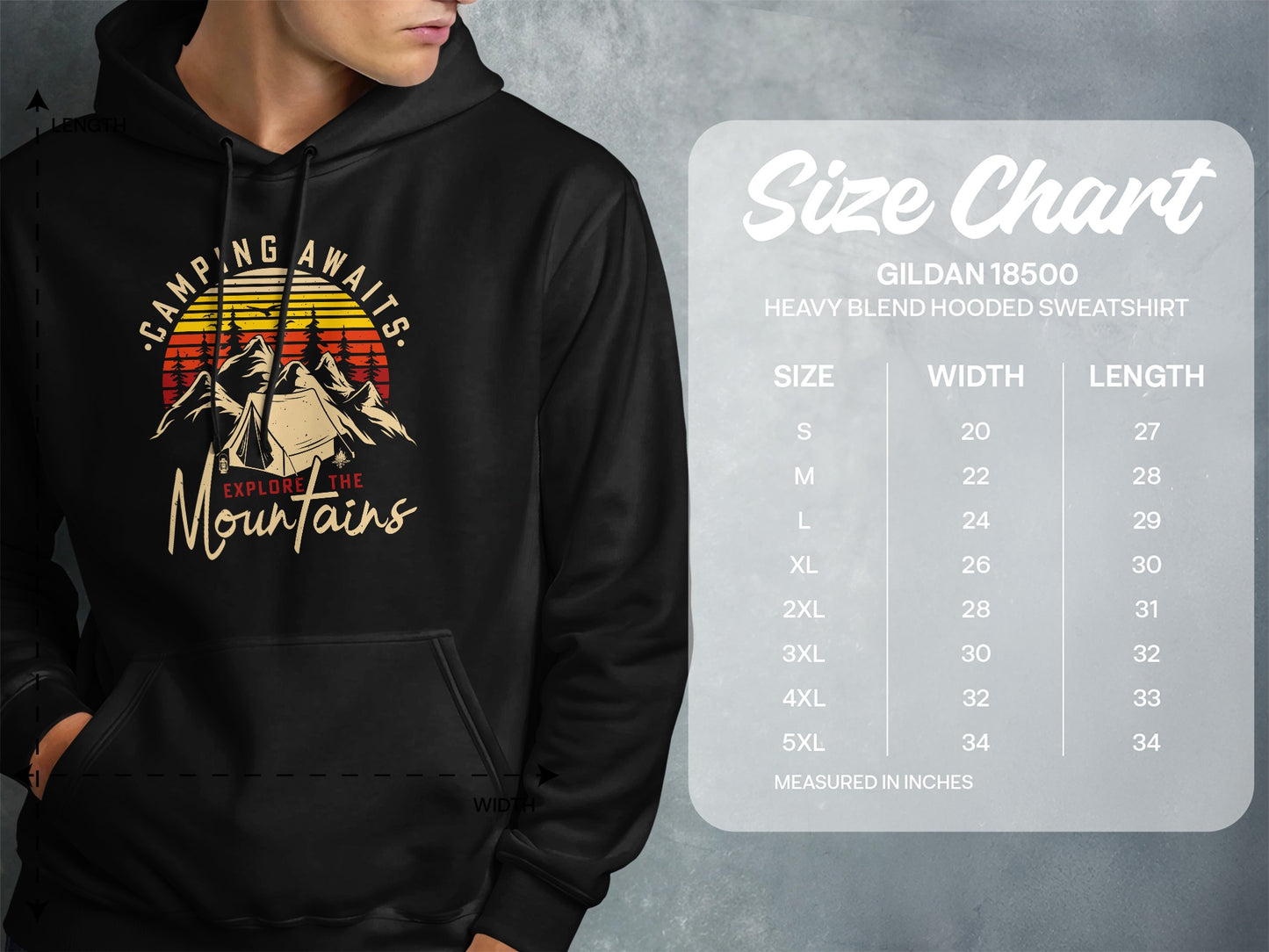 Size chart for Gildan 18500 Heavy Blend hooded sweatshirt.
