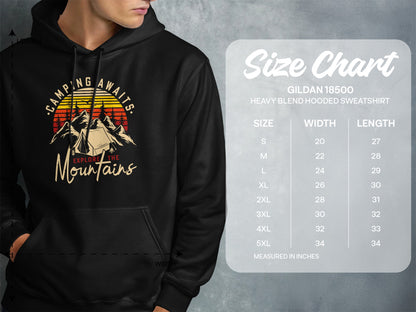 Size chart for Gildan 18500 Heavy Blend hooded sweatshirt.