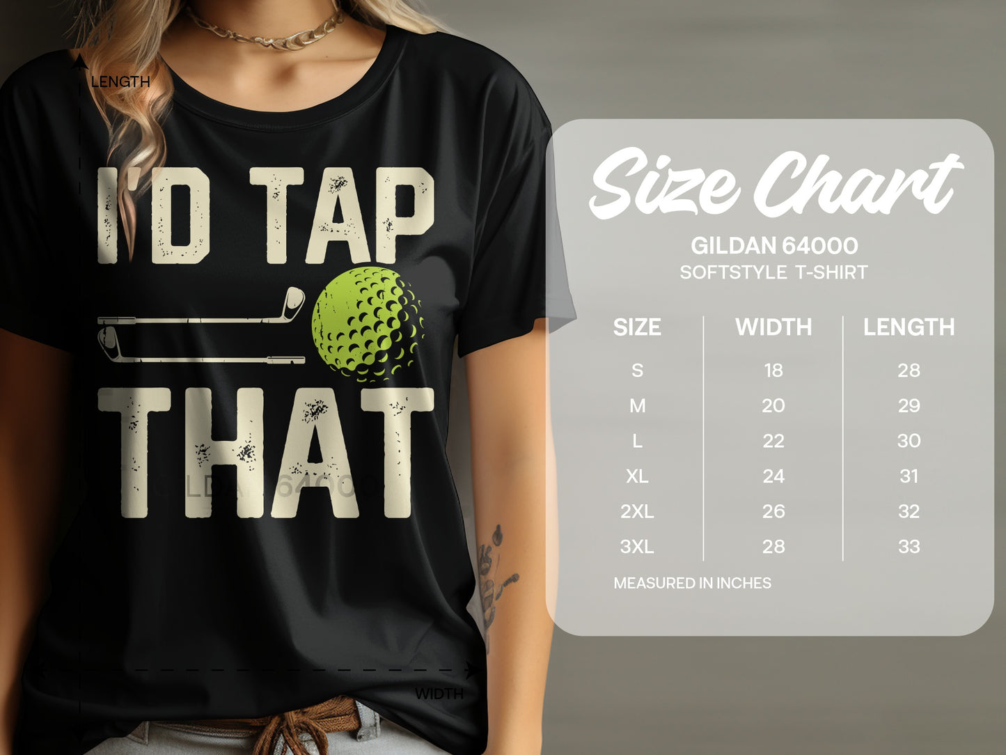 Black t-shirt with "I'd Tap That" text and golf graphic, size chart.