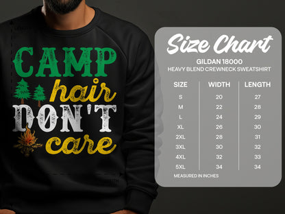 Black sweatshirt with "CAMP hair DON'T care" graphic and size chart.