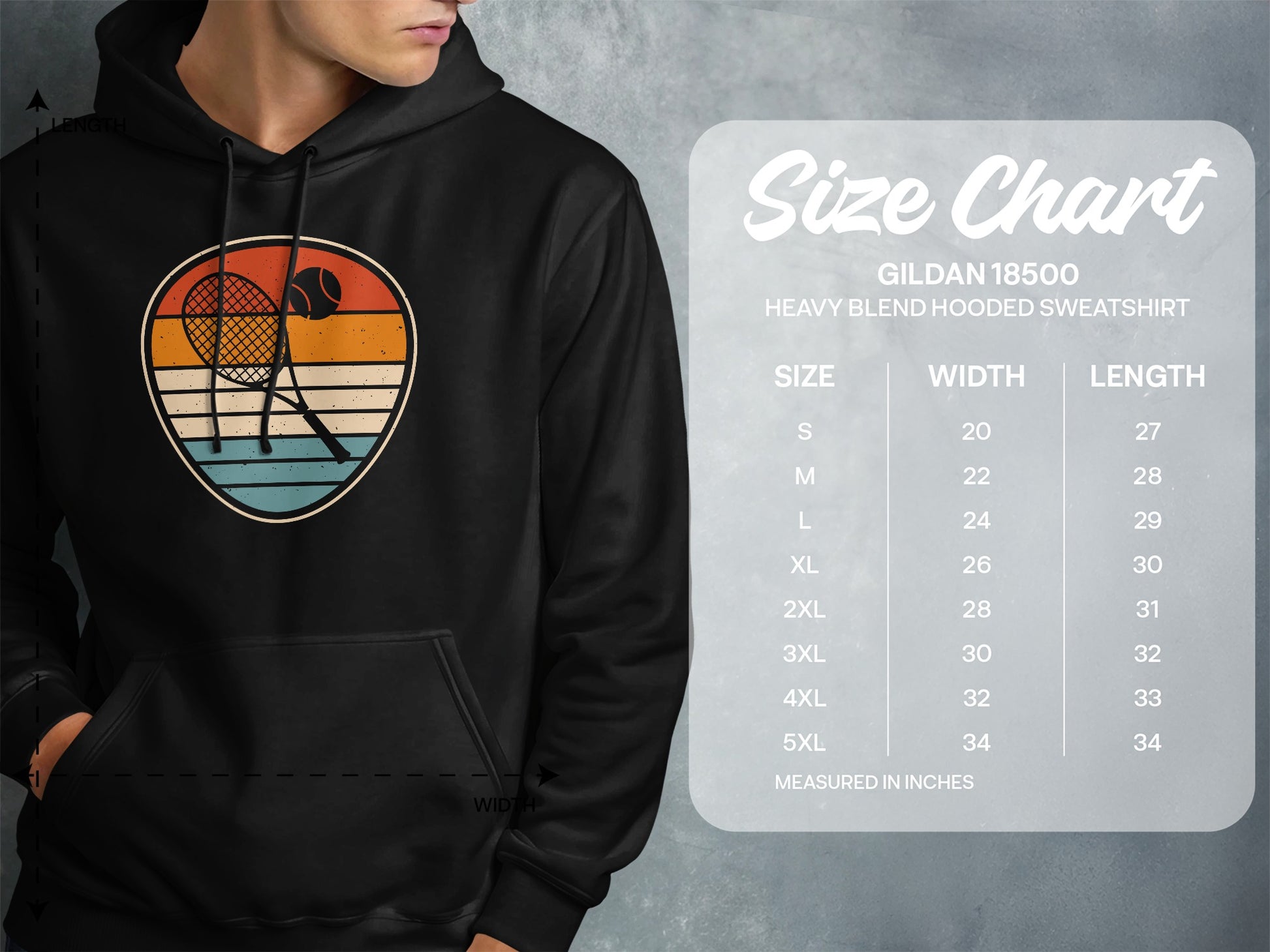 Gildan 18500 size chart for heavy blend hooded sweatshirt.